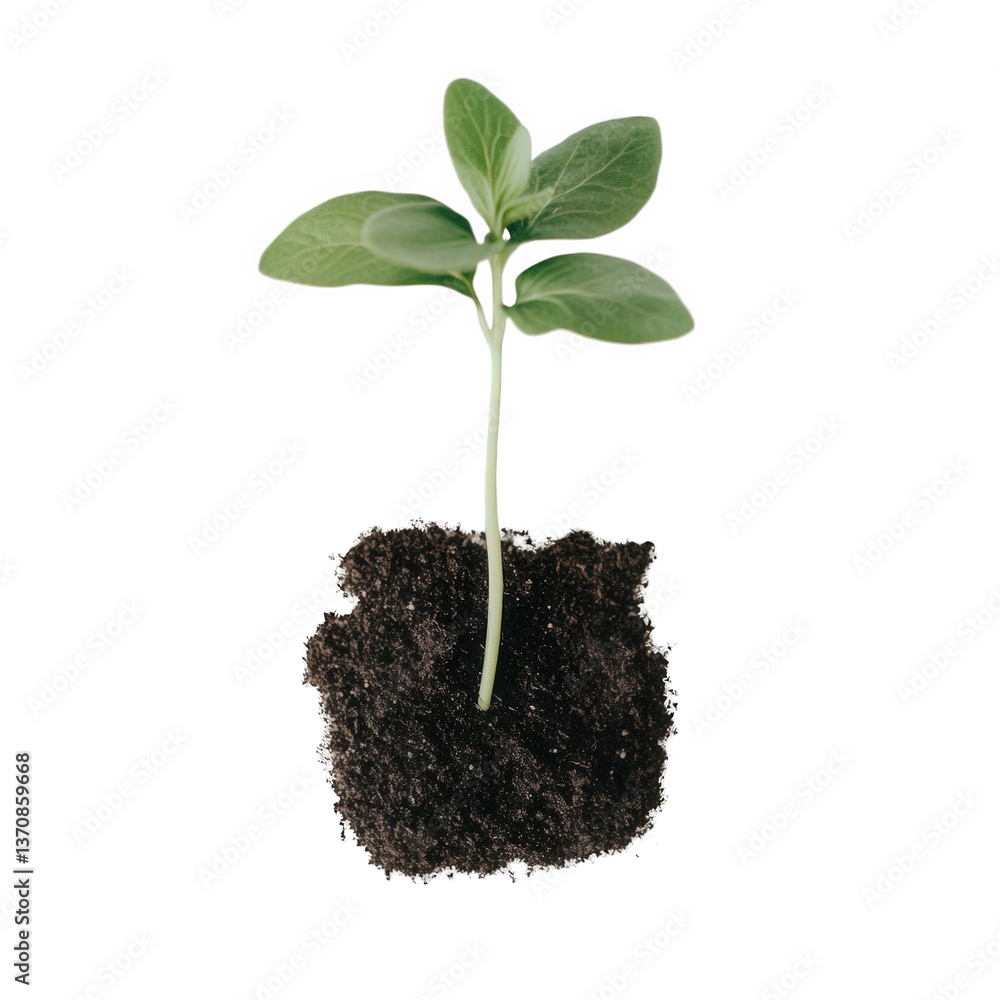Small green plant sprouting from dark soil on a clean white background, representing new growth and the potential of nature, captured in high quality for educational and artistic use Small green plant sprouting from dark soil on a clean white background, representing new growth and the potential of nature, captured in high quality for educational and artistic use