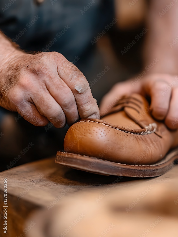 Close-up of shoemaker�s hands polishing leather shoe in traditional workshop, fine craftsmanship and handmade quality concept Close-up of shoemaker�s hands polishing leather shoe in traditional workshop, fine craftsmanship and handmade quality concept