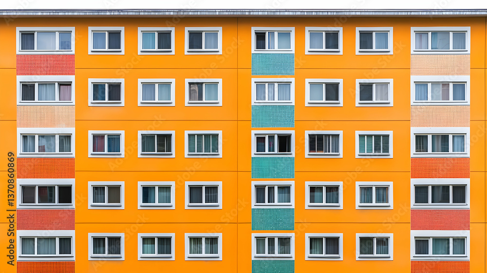 Obraz premium Orange Multistory Apartment Building Facade With Colorful Panels