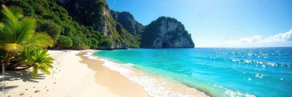 Obraz premium Idyllic Kelingking Beach, Nusa Penida Sunlit turquoise waters, towering cliffs , tropical, nature