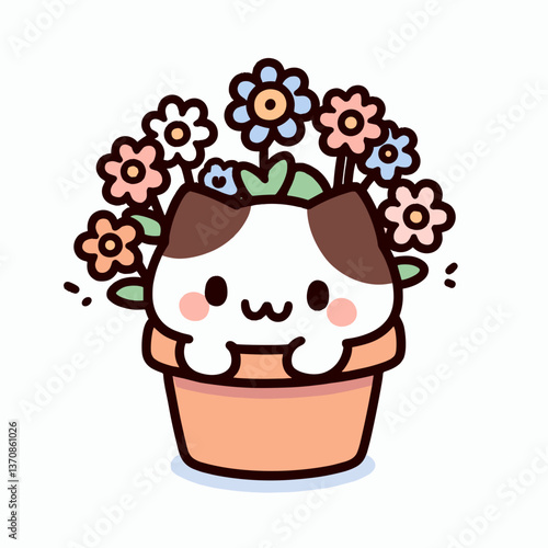 Cute Cat Sitting Among Colorful Flowers in a Flower Pot  