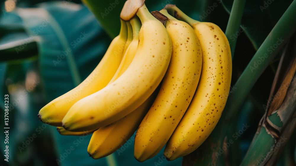 A vibrant bunch of ripe bananas hanging from a tree with lush green leaves in the background outdoors A vibrant bunch of ripe bananas hanging from a tree with lush green leaves in the background outdoors