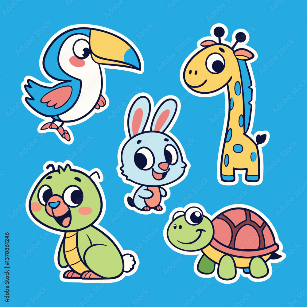 Obraz premium Cute Cartoon Animal Stickers Set on Blue and White Background .