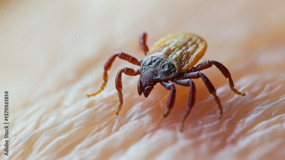 Close-up of a tick on the surface of the skin. Macrophotography of a claw ready to bite. It is suitable for medical and educational purposes related to parasites and infections. Close-up of a tick on the surface of the skin. Macrophotography of a claw ready to bite. It is suitable for medical and educational purposes related to parasites and infections.