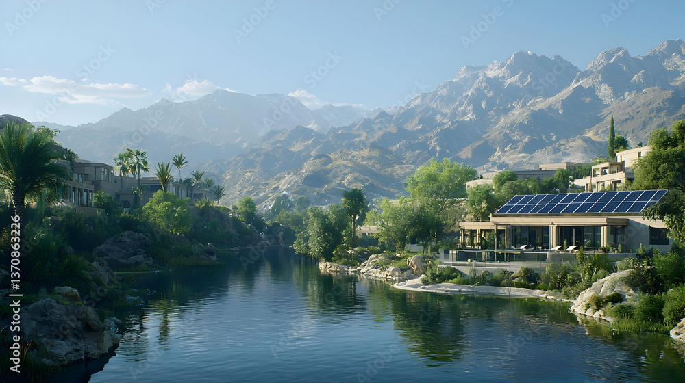 Serene Mountain Landscape With River And Houses Serene Mountain Landscape With River And Houses