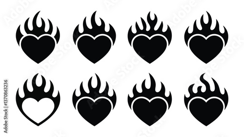 Burning Hearts: A series of stylized heart icons enveloped in flames, representing passion, desire, or emotional intensity, set against a clean backdrop. 