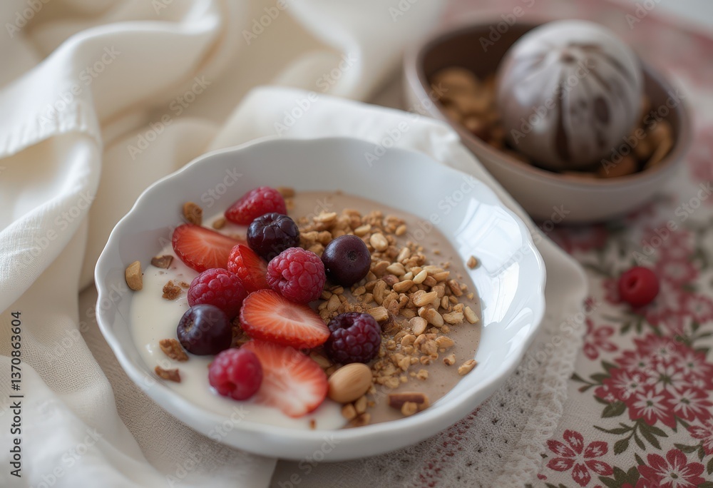 Healthy yogurt bowl with fruits and granola on a cozy table Healthy yogurt bowl with fruits and granola on a cozy table