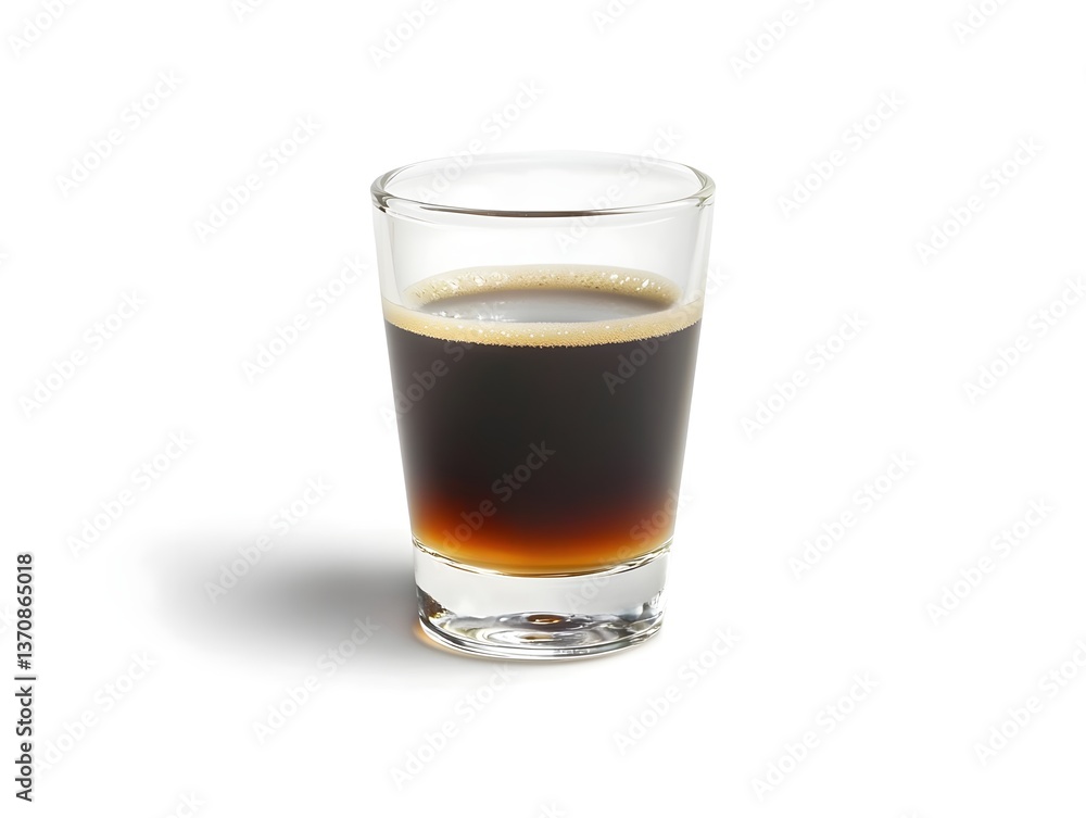 Freshly Brewed Espresso Shot in Small Glass Cup on White Background Freshly Brewed Espresso Shot in Small Glass Cup on White Background