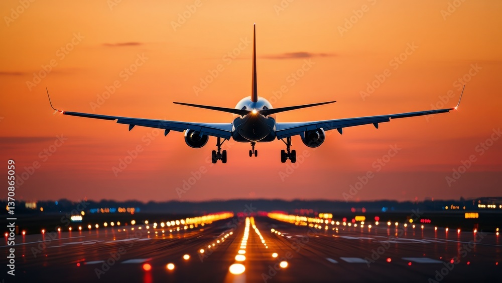 A large jetliner taking off from an airport runway at sunset A large jetliner taking off from an airport runway at sunset