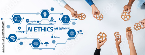 Obraz na płótnie A vibrant representation of collaboration on AI ethics, showcasing hands holding gears, emphasizing principles such as legality, safety, and privacy in technology. Amity w salonie