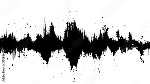 Vector brush grunge texture. Soundwave with ink splatter effect, black and white,