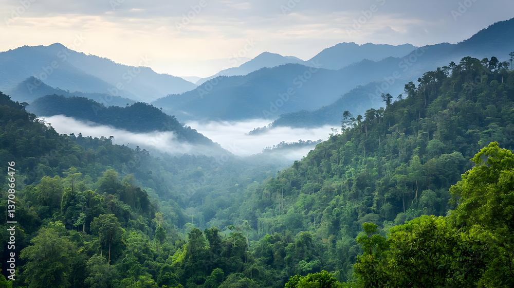 Fototapeta premium Misty Valley Between Lush Green Mountains