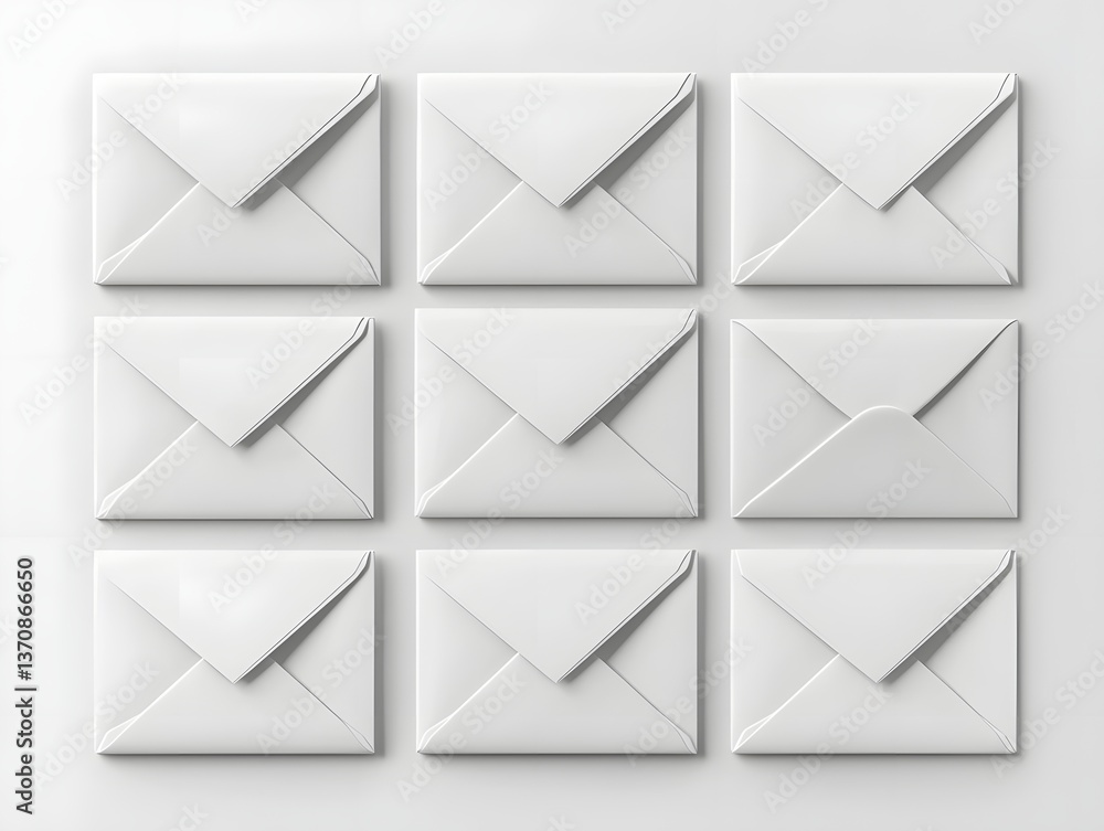 Neatly Stacked White Blank Envelopes on Plain White Background Postal Minimal Mockup Neatly Stacked White Blank Envelopes on Plain White Background Postal Minimal Mockup