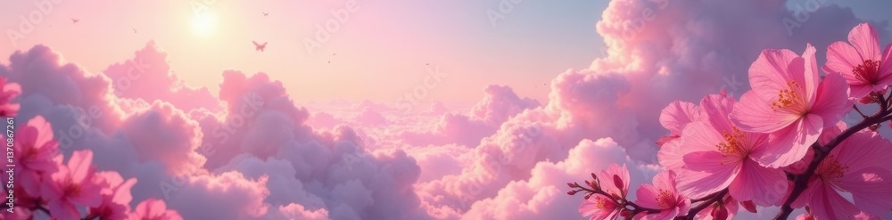 Fototapeta premium Rose-hued cloud, pink flower cascade Celestial, romantic vista , air, texture, delicate