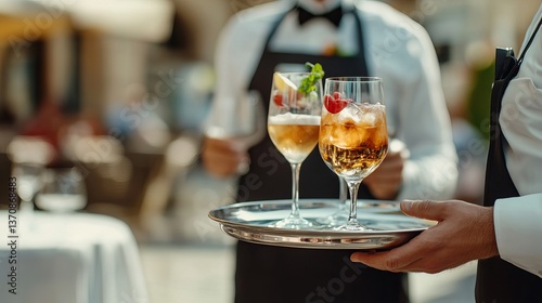 Fototapeta Naklejka Na Ścianę i Meble -  Waiter carrying cocktail drinks on tray at restaurant for catering service professional bartender job