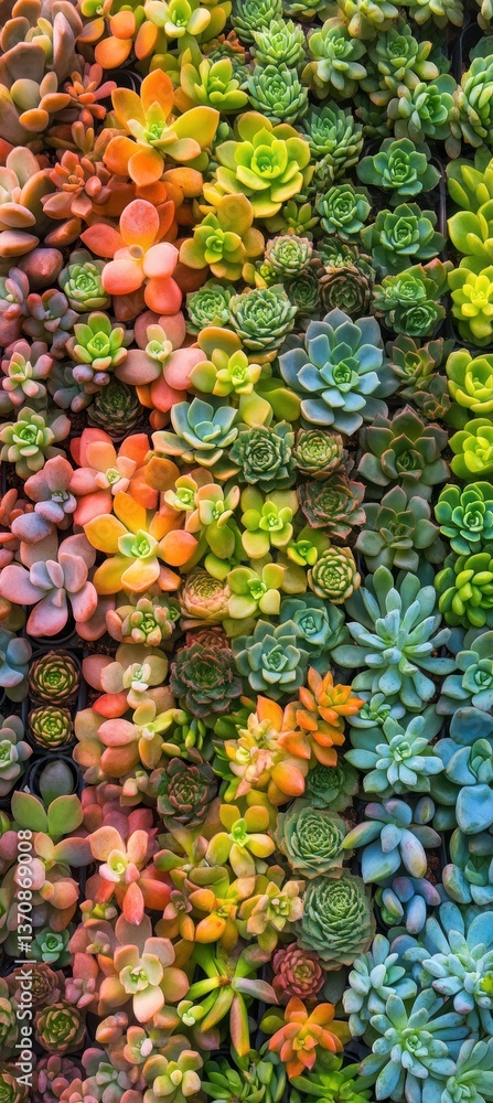 Fototapeta premium A vibrant tapestry of colorful succulents in soft daylight, evoking harmony and freshness – ideal for botanical prints, eco-designs, or creative backgrounds.