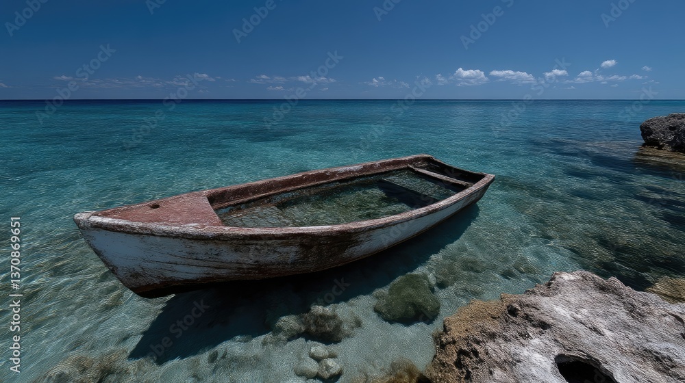 Naklejka premium Abandoned boat in clear turquoise water. Rocky shore