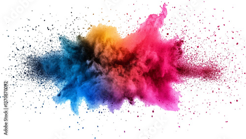 colorful rainbow holi paint color powder explosion isolated white wide panorama.Colorful mixed rainbow powder explosion isolated on white background. Colorful ink powder splashes on white background.