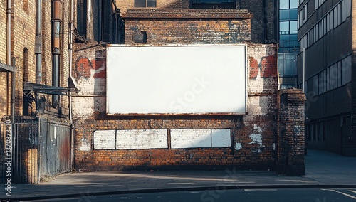 Front view of an empty white billboard on the side street in London, with some urban decay elements,