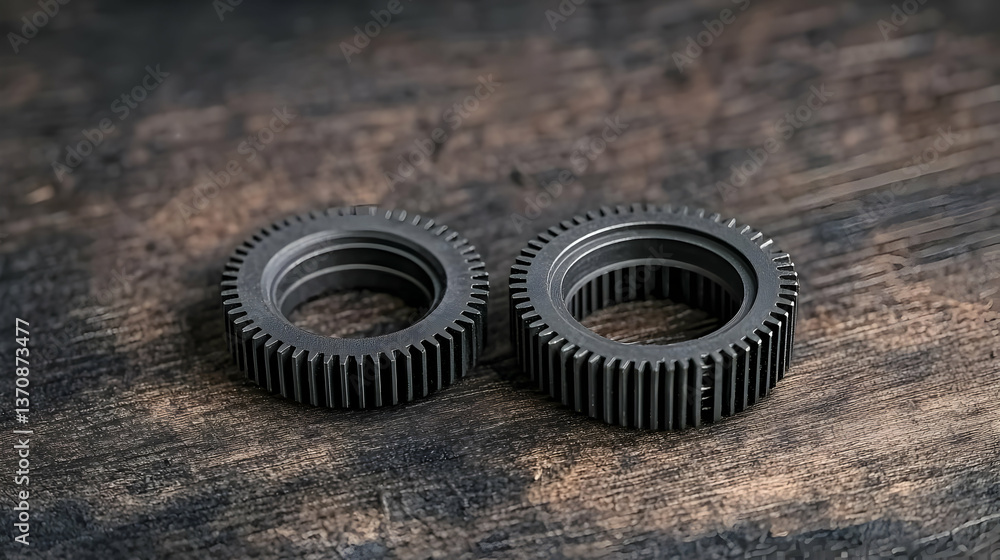 Two Dark Gray Gears On Dark Wooden Background Two Dark Gray Gears On Dark Wooden Background
