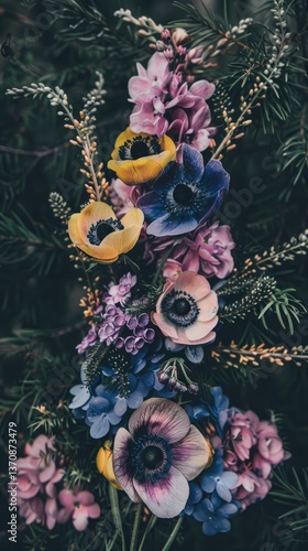 A bouquet of purple and yellow anemones