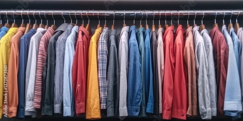 Wallpaper Mural Neatly arranged shirts in various patterns and colors hang in a closet, showcasing a colorful and organized wardrobe. Torontodigital.ca