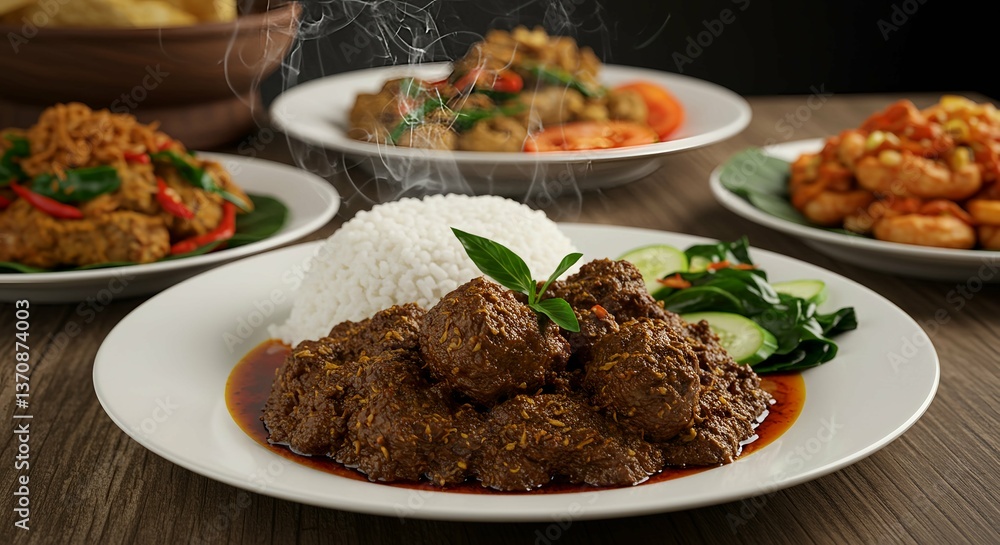 Indonesian Rendang with Rice and Side Dishes Indonesian Rendang with Rice and Side Dishes