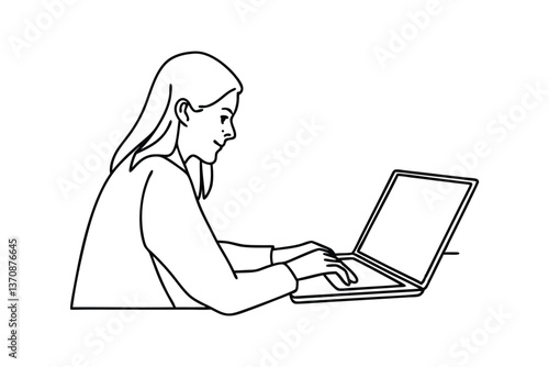Woman Working on Laptop, Side Profile, Line Art, Digital Illustration