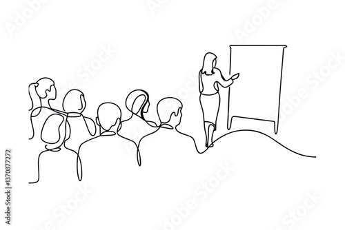 One Line Drawing Businesswoman Presenting to Audience
