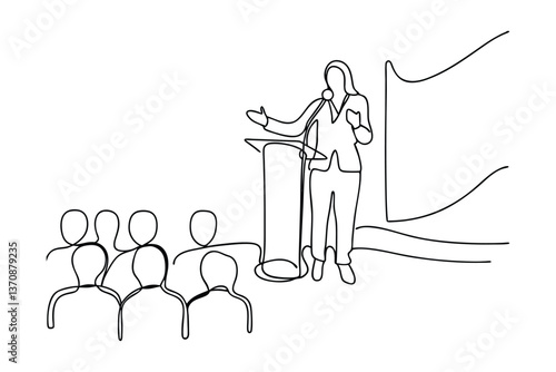 Oneline Drawing Businesswoman Speaker, Audience, Presentation, Podium