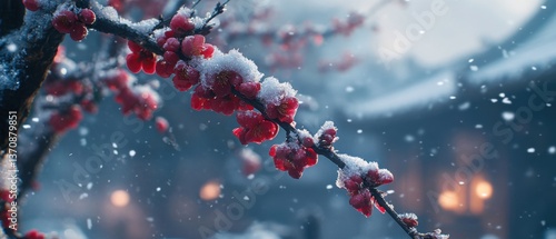 Captivating winter scene of red plum blossoms covered in snow against a serene blurred background evoking tranquility and beauty