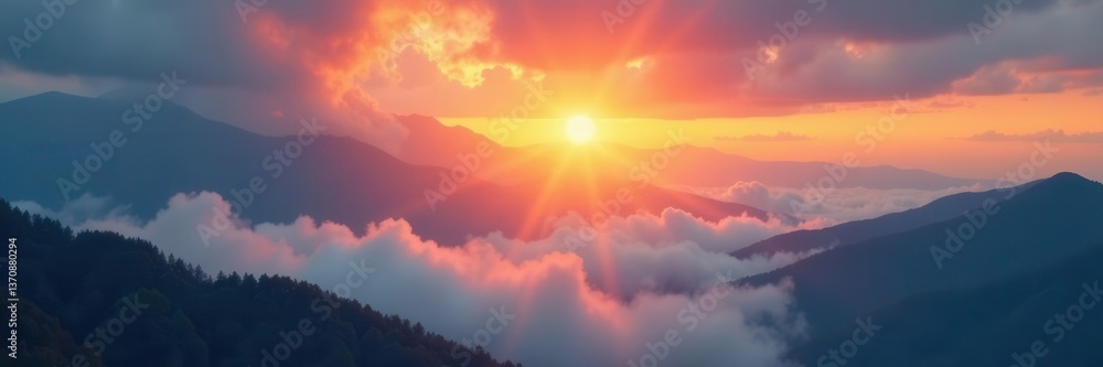 Burning cloudscape, sunbeams through mountains, ethereal mist, vibrant colors, stunning, golden hour Burning cloudscape, sunbeams through mountains, ethereal mist, vibrant colors, stunning, golden hour