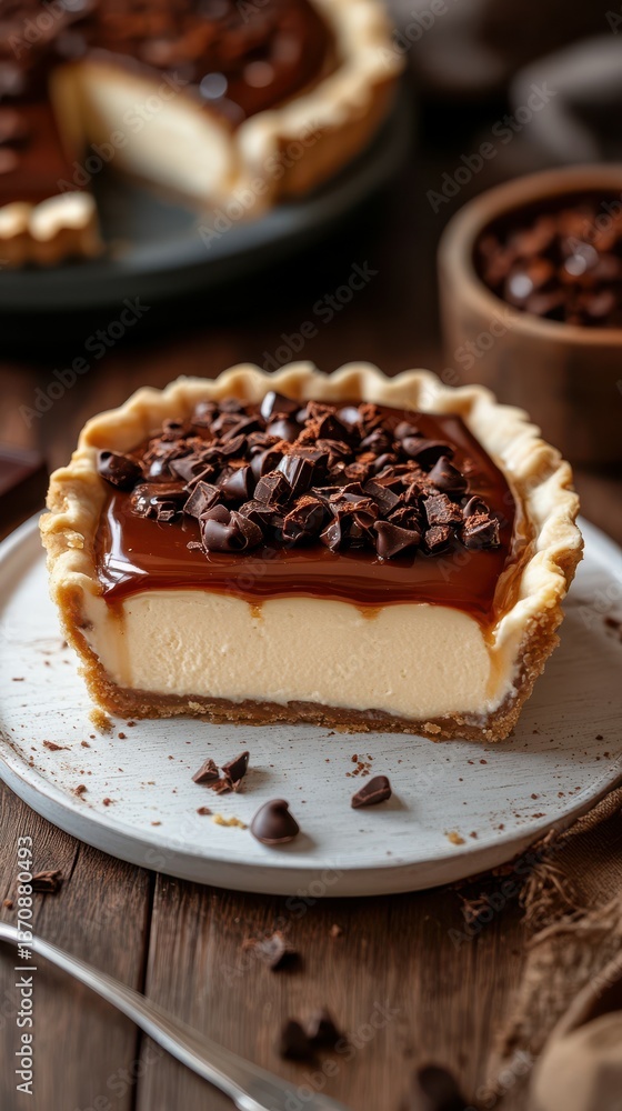 Decadent chocolate cream pie served on a rustic wooden table in a cozy kitchen setting Decadent chocolate cream pie served on a rustic wooden table in a cozy kitchen setting