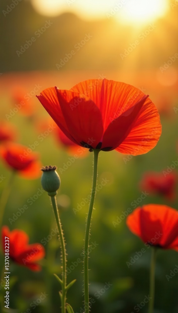 Fototapeta premium Crimson poppy leading a vibrant field, sunlit petals unfurling , gorgeous, botany, flower