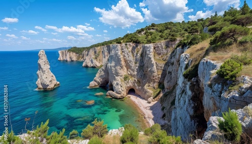 A breathtaking coastal landscape featuring steep white cliffs, a striking rock formation, and crystal-clear turquoise waters under a bright blue sky filled with fluffy clouds.