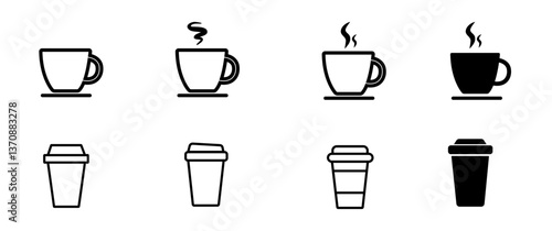 Coffee cup icon set. Cups of coffee tea collection. Hot drink icon. Disposable cup. Cup coffe with steam. Flat