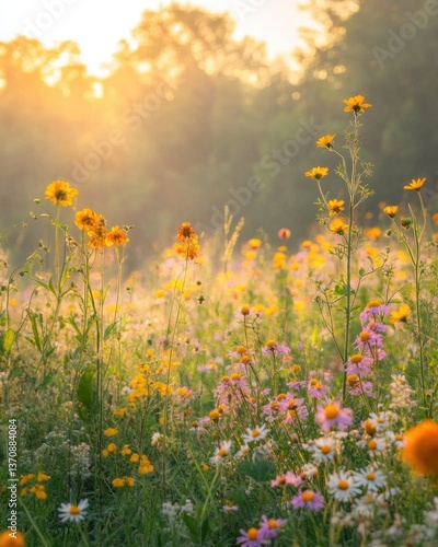 Fototapeta Naklejka Na Ścianę i Meble -  Radiant meadow bathed in golden sunlight showcasing vibrant wildflowers in a serene natural landscape capturing the essence of a peaceful morning