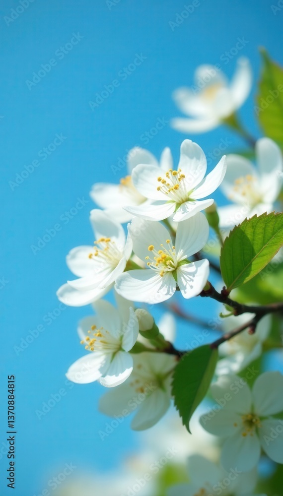 Delicate white jasmine blossoms against a vibrant blue sky , nature, bright, celebration Delicate white jasmine blossoms against a vibrant blue sky , nature, bright, celebration