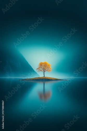 Lone tree on island in still water, tranquil landscape with mirror reflection and moody mountain backdrop
