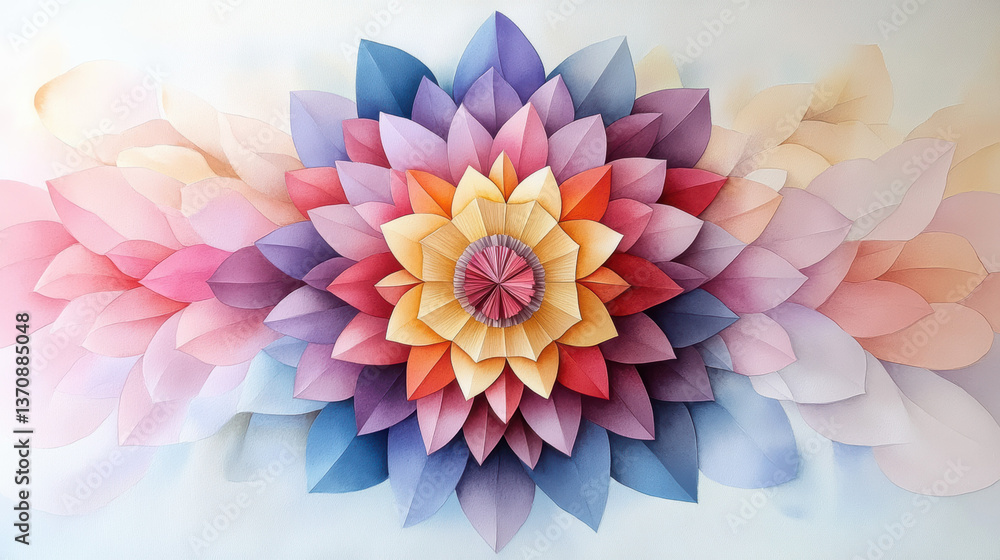 Obraz premium vibrant and intricate mandala design featuring layered petals in soft pastel hues of pink, purple, blue, and yellow, radiating symmetry and artistic elegance