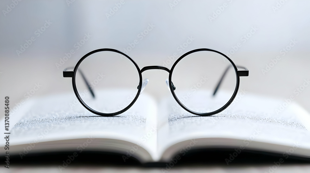 Classic Round Glasses Resting On Open Book Classic Round Glasses Resting On Open Book