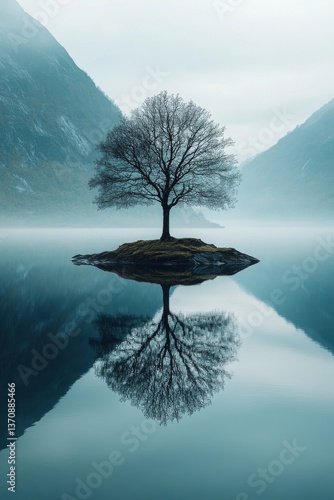 Lone tree on island in still water, tranquil landscape with mirror reflection and moody mountain backdrop
