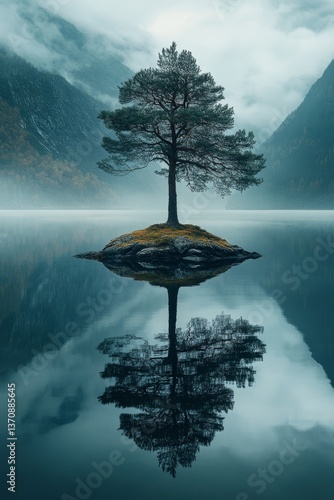 Lone tree on island in still water, tranquil landscape with mirror reflection and moody mountain backdrop
