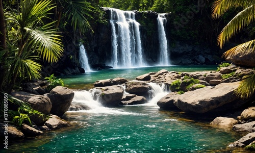Serene spring morning with a waterfall flowing into a reflective pool – Peaceful landscape illuminated by golden sunrise and surrounded by blooming flowers