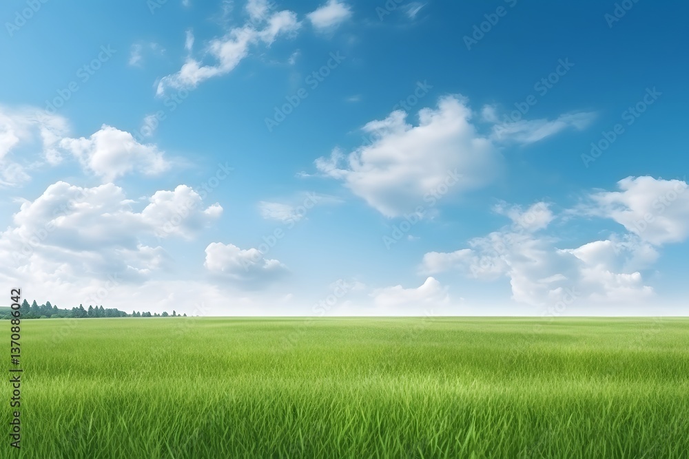 Lush green grass field with scenic blue sky and fluffy white clouds in idyllic countryside landscape Lush green grass field with scenic blue sky and fluffy white clouds in idyllic countryside landscape