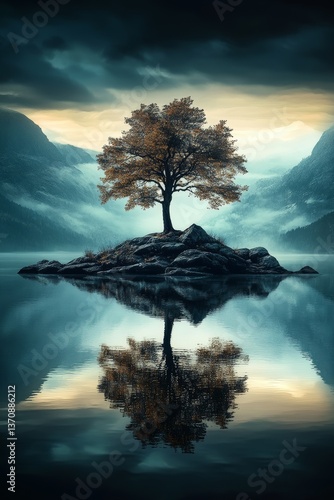 Lone tree on island in still water, tranquil landscape with mirror reflection and moody mountain backdrop
