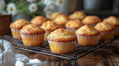Freshly Baked Cupcakes Cooling on a Rack in a Cozy Kitchen Setting During Day...