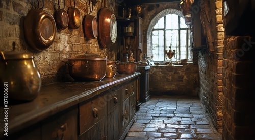 Vintage Kitchen With Copper Cookware Hanging on a Rustic Wall in a Cozy Setting