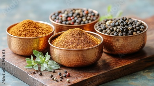 Culinary Spices Arranged in Copper Bowls on Wooden Board for Cooking Preparat...