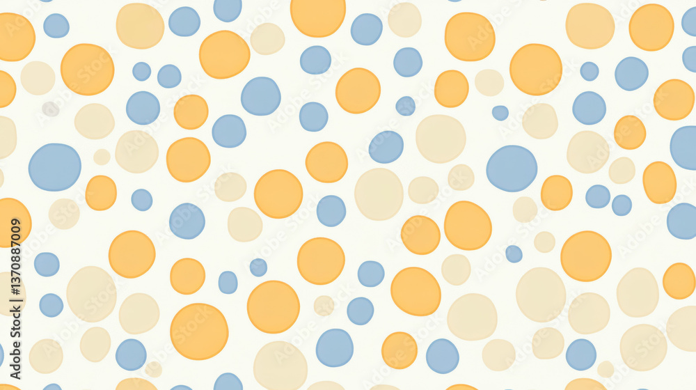 Soft polka dot pattern with orange, blue, and beige circles on light background, creating playful and cheerful design. dots are evenly spaced and vary in size Soft polka dot pattern with orange, blue, and beige circles on light background, creating playful and cheerful design. dots are evenly spaced and vary in size